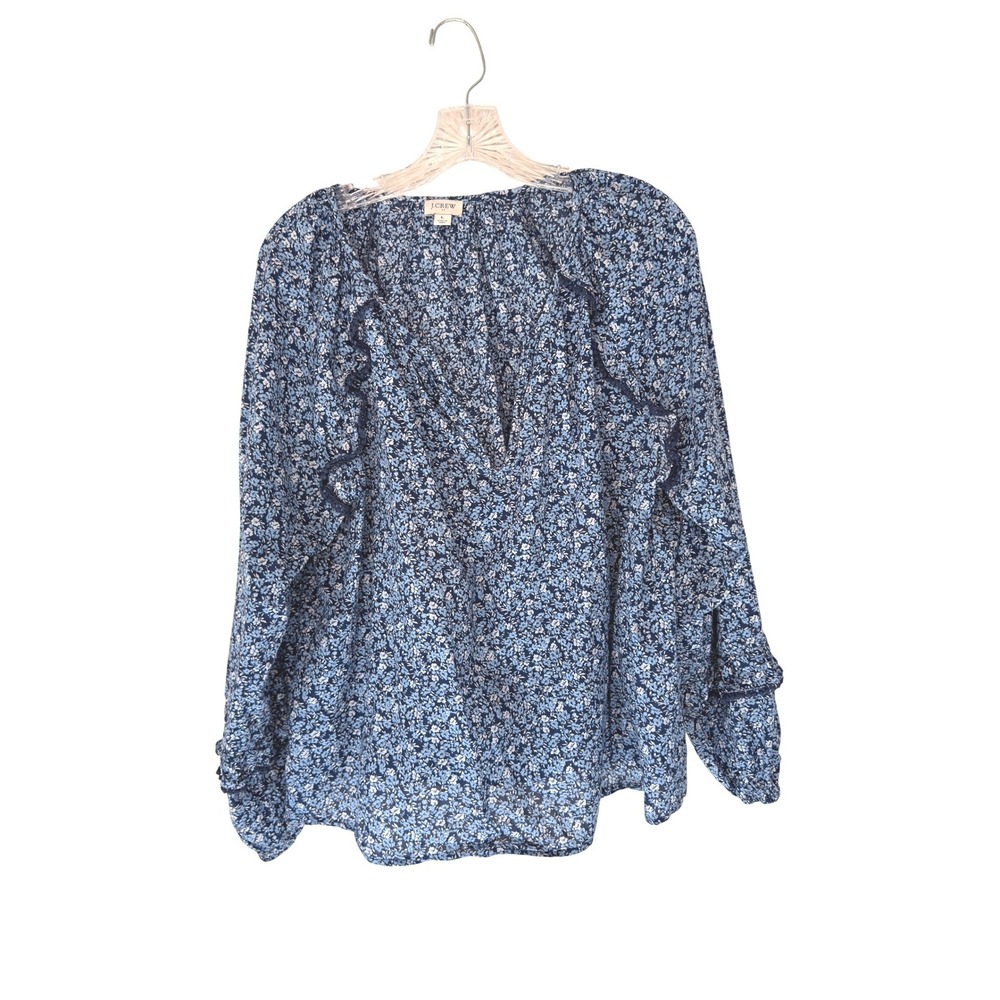 J.Crew Printed Ruffle Trim Peasant Top Women's Blue Floral Long Sleeve Large
